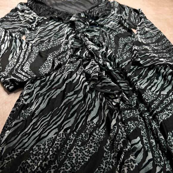 Vintage Ny Collection 3/4 Sleeve Ruffle Neck Blouse Burnout Animal Print Velour - Picture 3 of 8